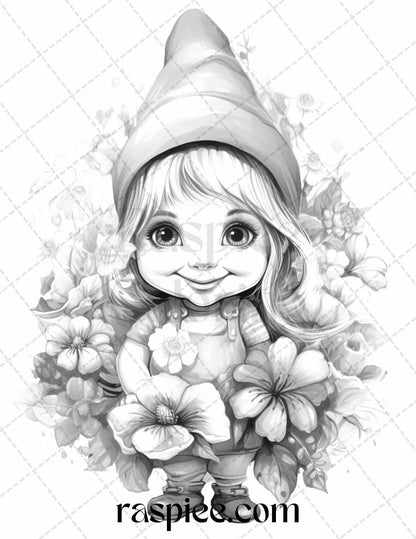 50 Flower Gnomes Grayscale Coloring Pages Printable for Adults Kids, PDF File Instant Download