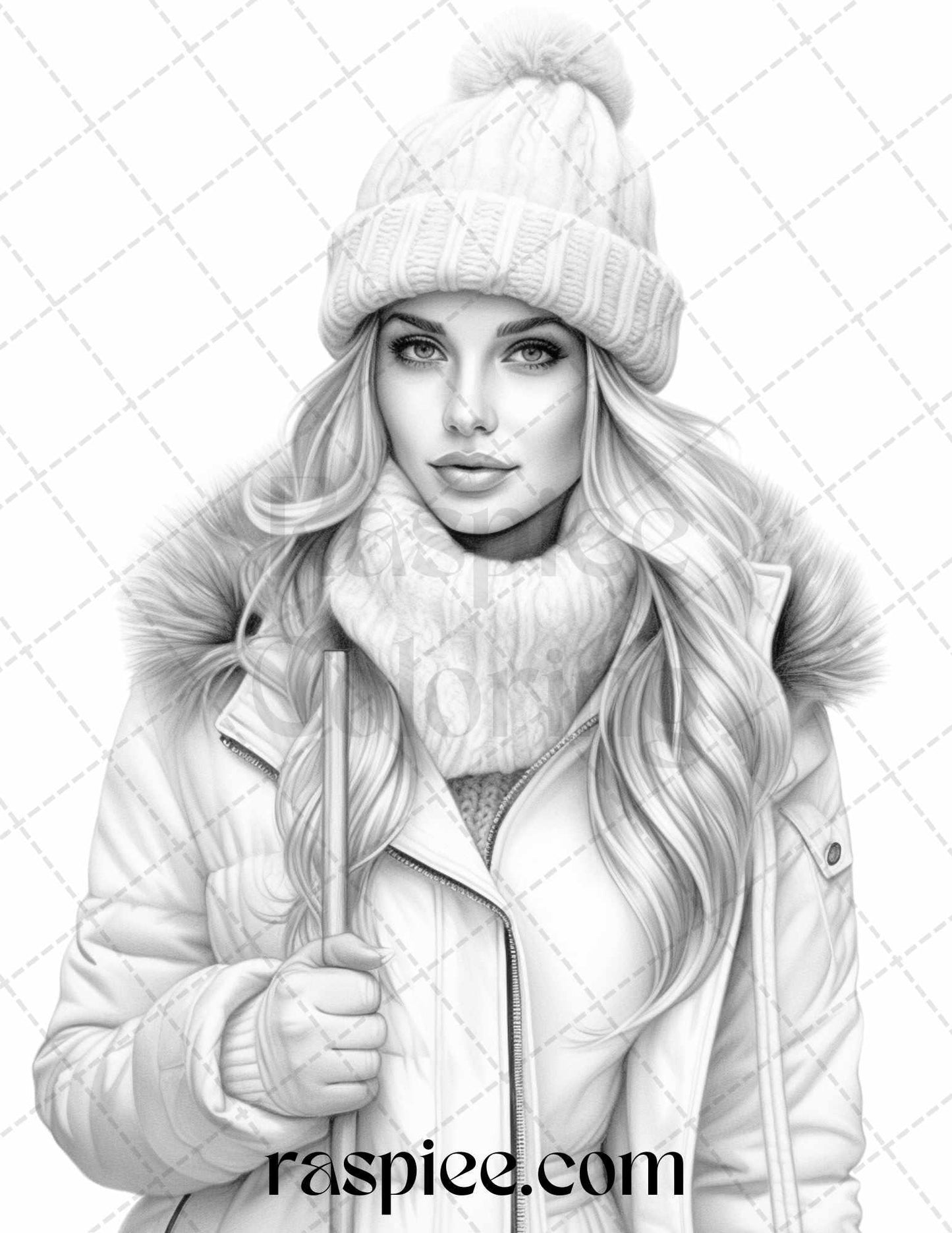 40 Winter Fashion Grayscale Coloring Pages Printable for Adults, PDF File Instant Download