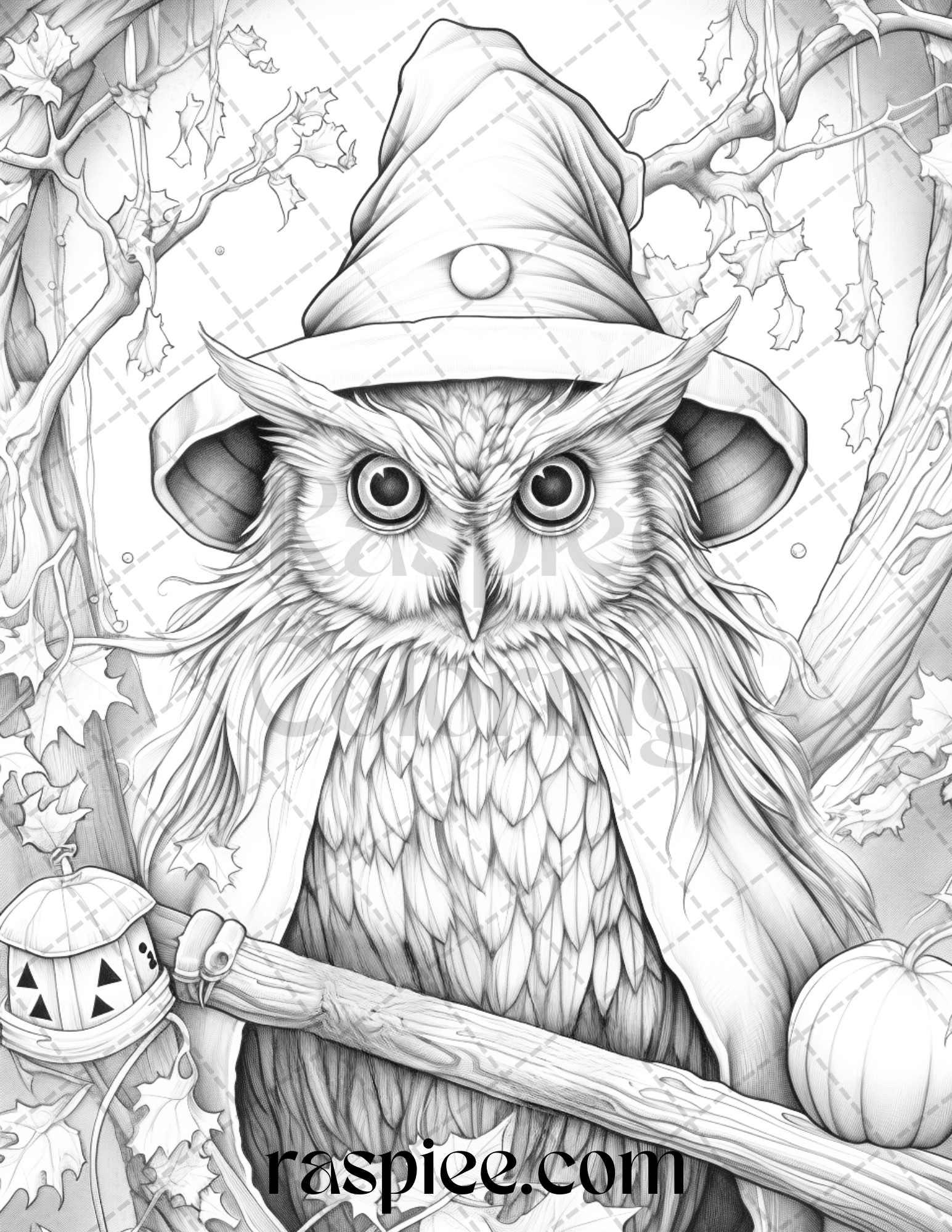 Halloween Witch Owl Grayscale Coloring Pages for Adults and Kids, Printable PDF Instant Download