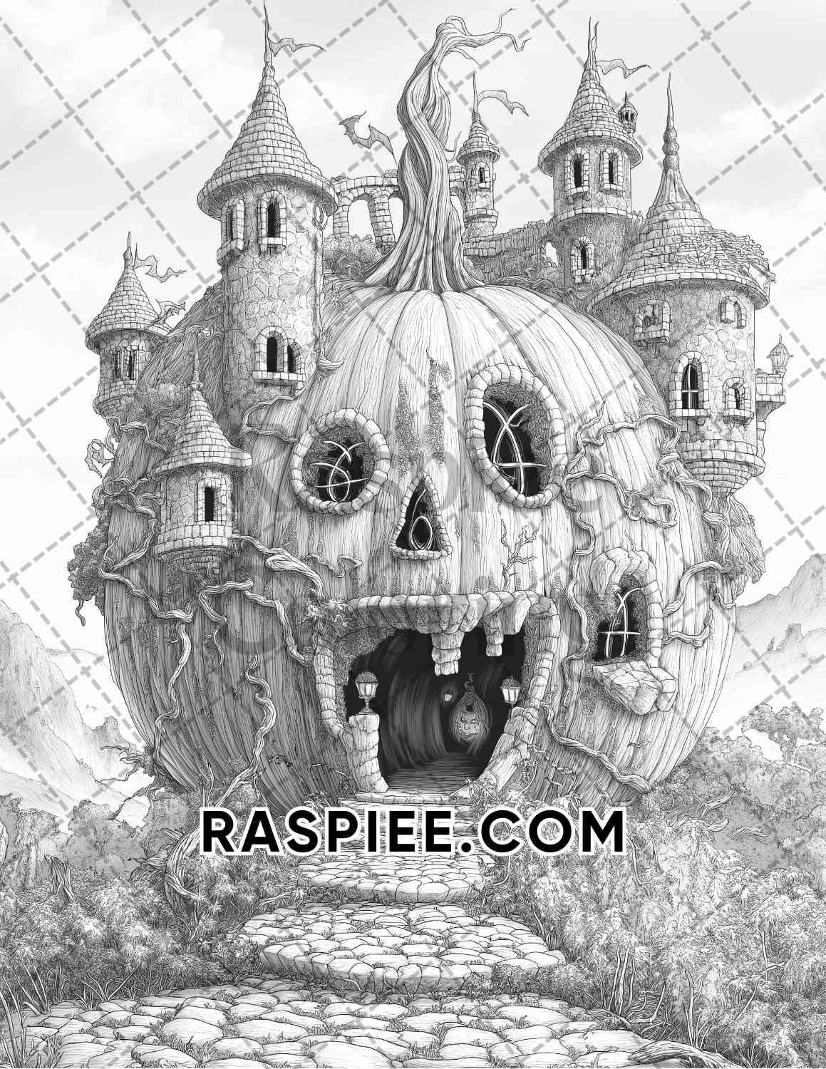 Fantasy Giant Pumpkin Castles Adult Coloring Pages Printable PDF Instant Download