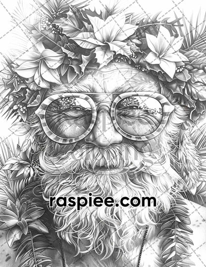 60 Santa Christmas in July Grayscale Adult Coloring Pages Printable PDF Instant Download