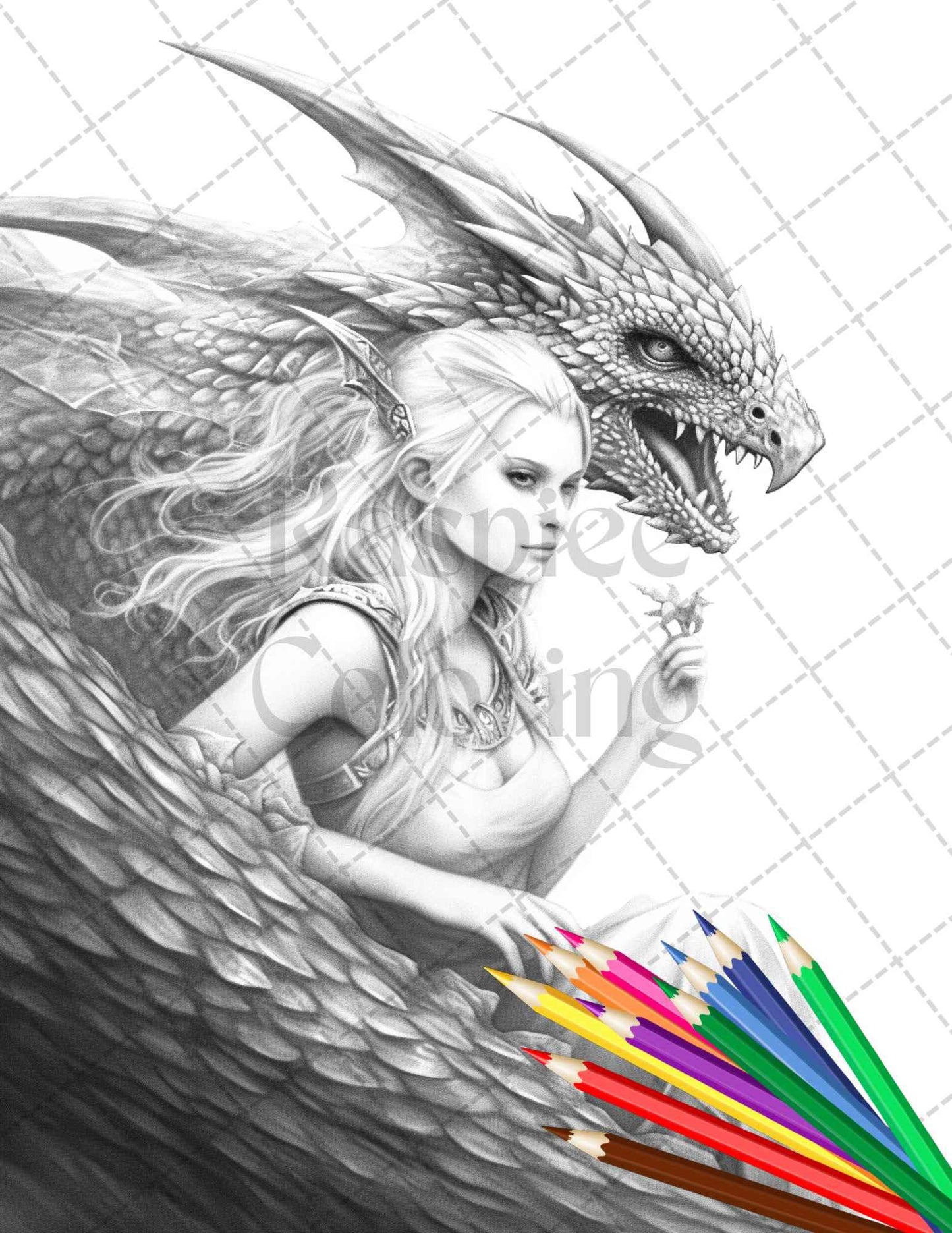 Enchanted Dragon Queens Grayscale Coloring Pages Printable for Adults, PDF File Instant Download