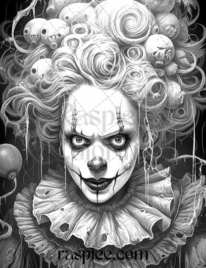 50 Scary Clown Girls Grayscale Coloring Pages Printable for Adults, PDF File Instant Download