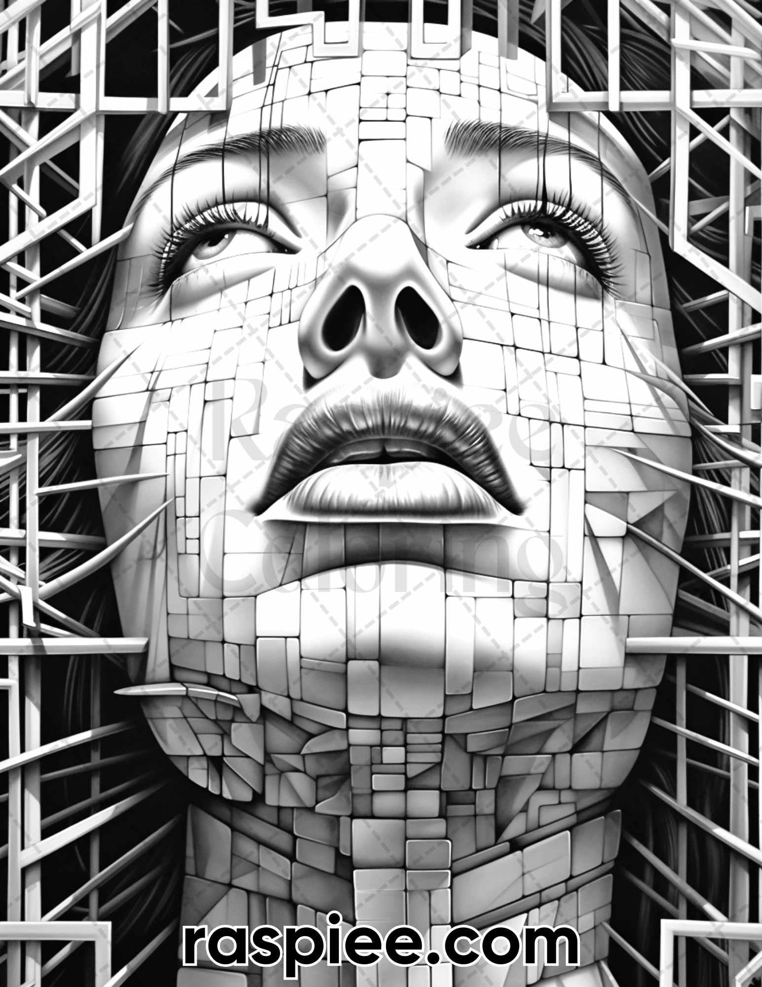 60 Abstract Faces Grayscale Adult Coloring Pages, Printable PDF Instant Download