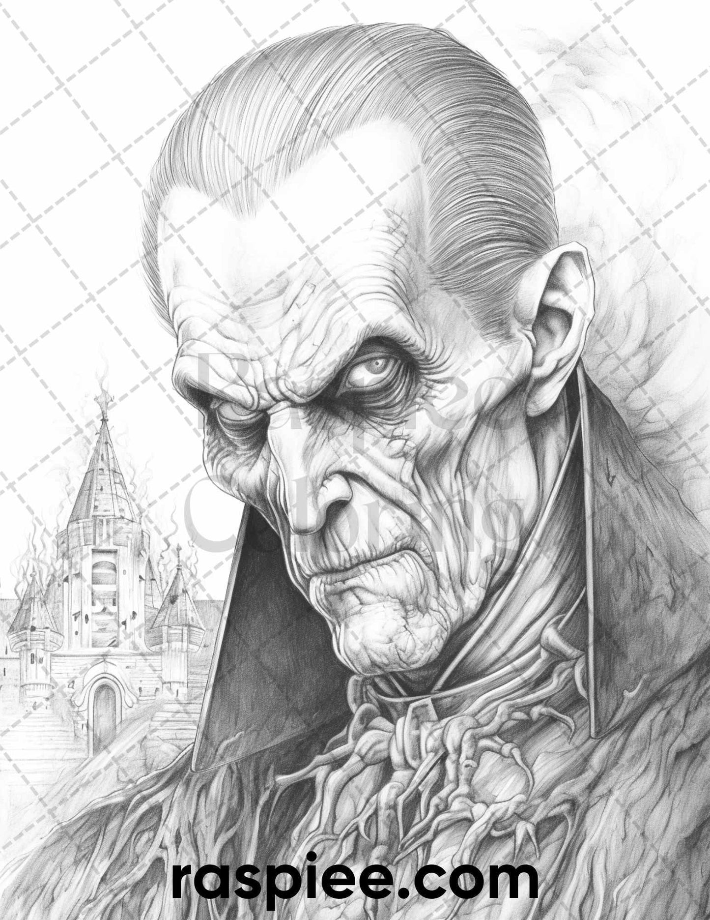 50 Count Dracula Grayscale Coloring Pages Printable for Adults, PDF File Instant Download