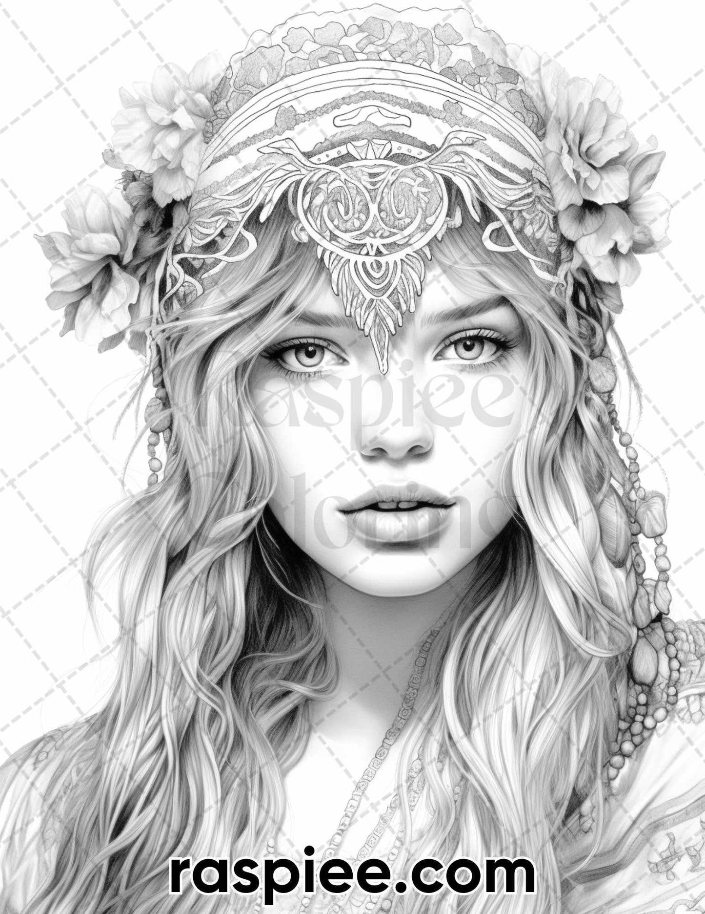 60 Bohemian Beauties Grayscale Coloring Pages for Adults, Printable PDF Instant Download