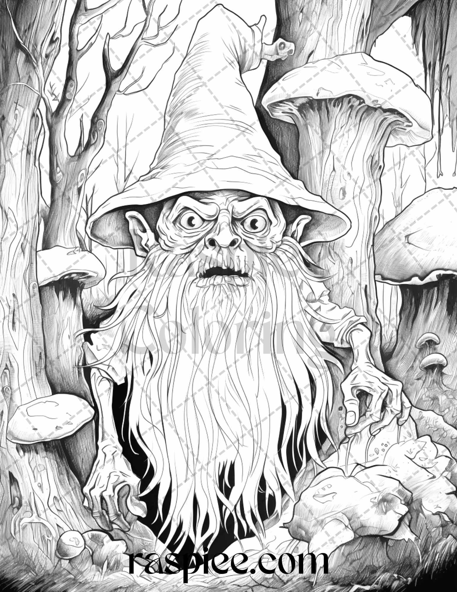 50 Horror Zombie Gnomes Grayscale Coloring Pages Printable for Adults, PDF File Instant Download