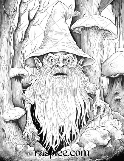 50 Horror Zombie Gnomes Grayscale Coloring Pages Printable for Adults, PDF File Instant Download
