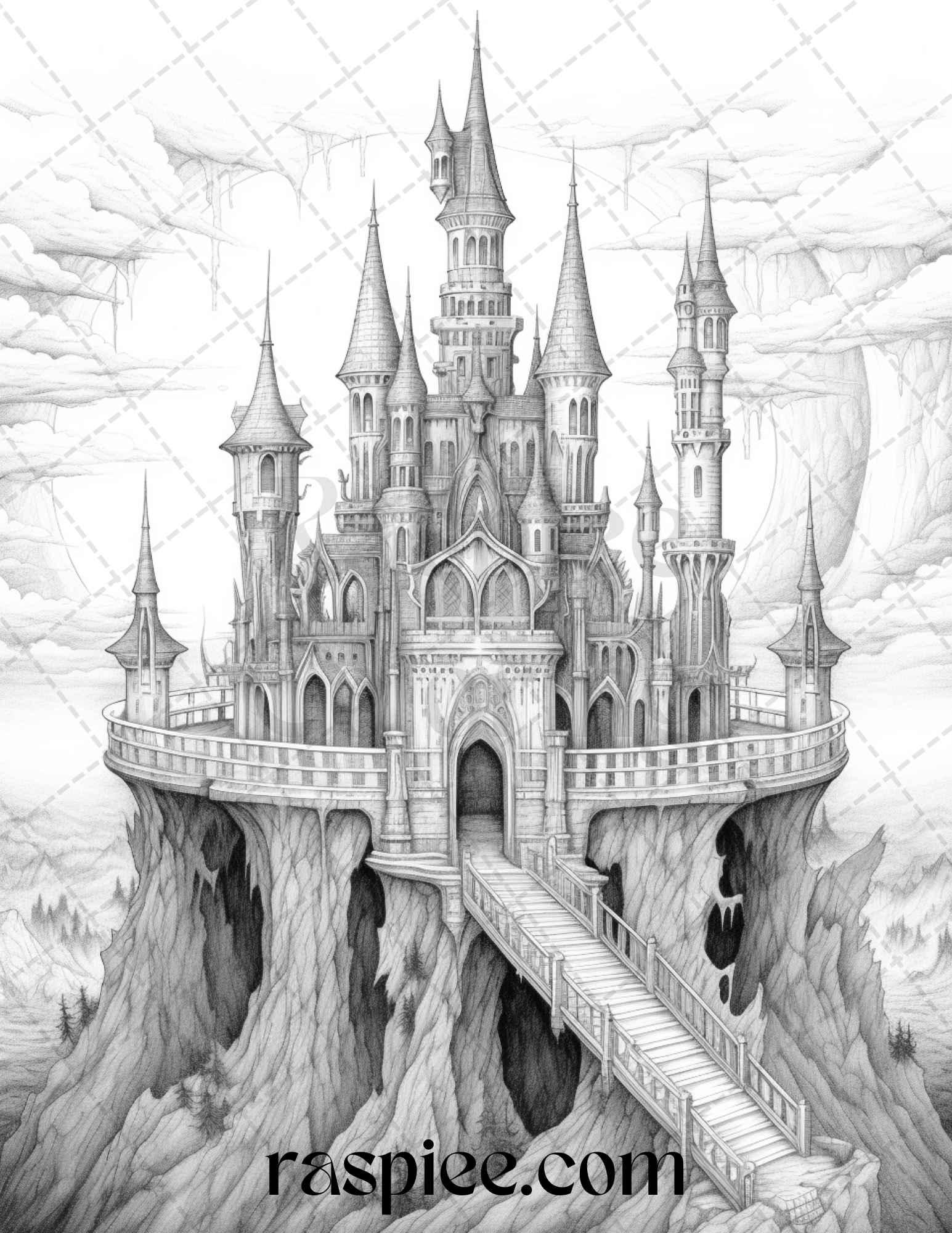 50 Haunted Castles Grayscale Coloring Pages Printable, Halloween Coloring Book, PDF File Instant Download
