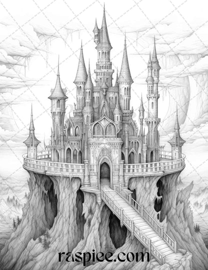 50 Haunted Castles Grayscale Coloring Pages Printable, Halloween Coloring Book, PDF File Instant Download