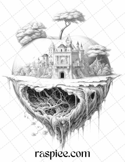60 Miniworld in the Apple Grayscale Coloring Pages Printable for Adults, PDF File Instant Download