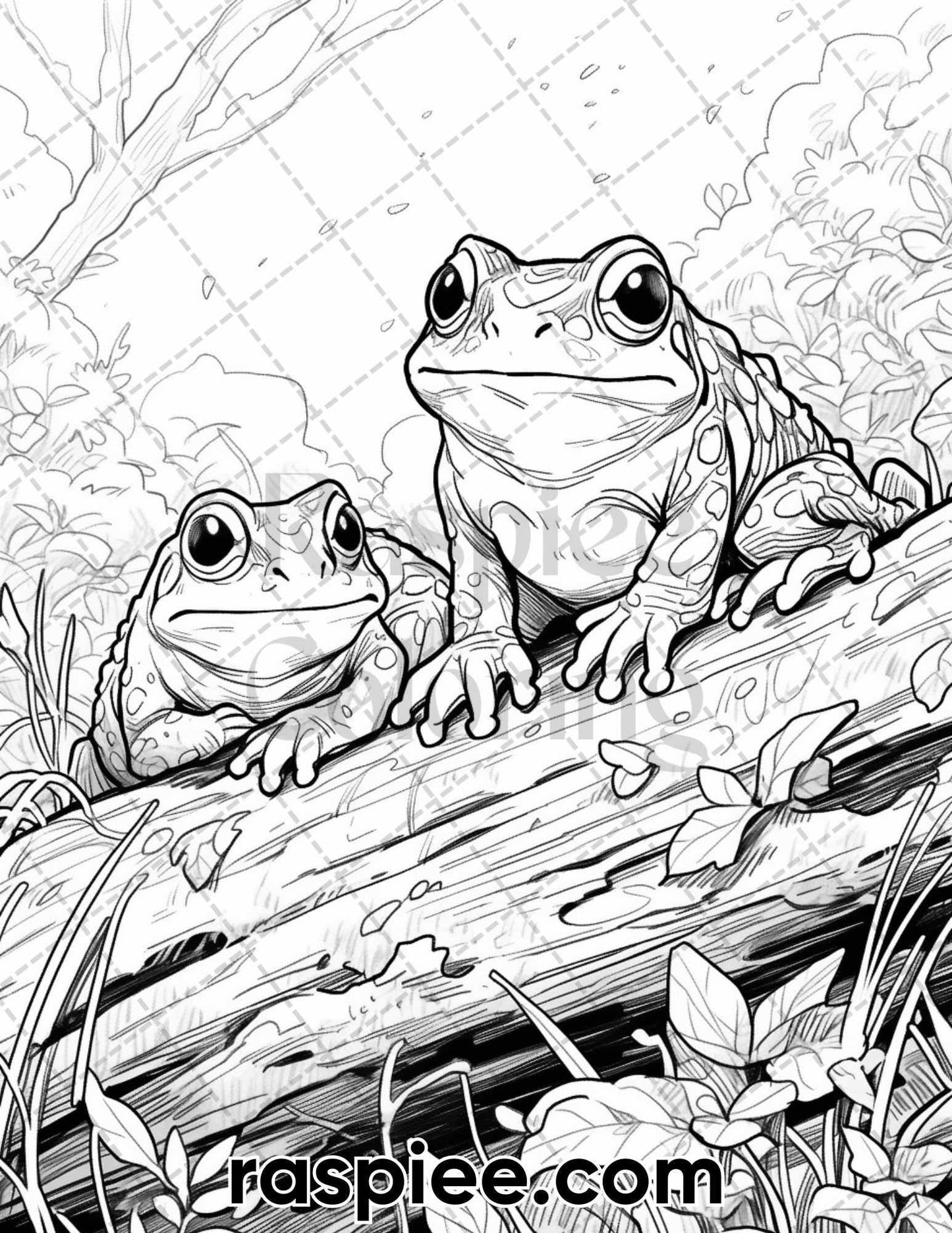 50 The Frog Kingdom Grayscale Coloring Pages for Adults, Printable PDF Instant Download