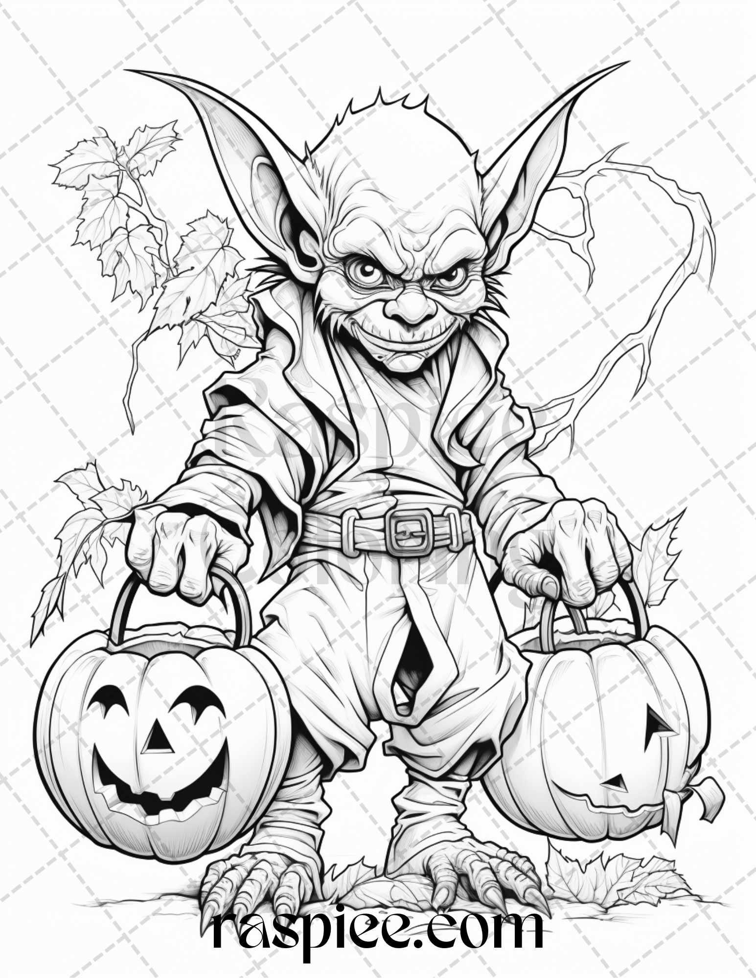 50 Halloween Goblin Grayscale Coloring Pages Printable for Adults, PDF File Instant Download