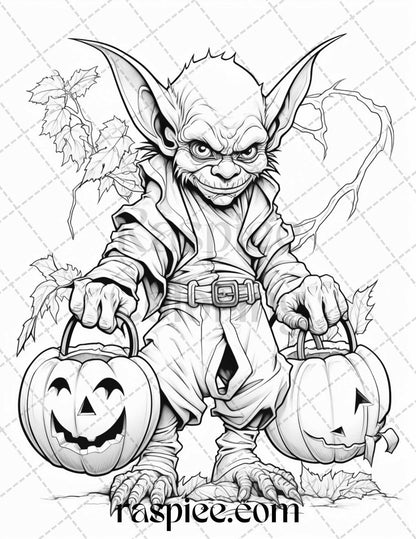 50 Halloween Goblin Grayscale Coloring Pages Printable for Adults, PDF File Instant Download
