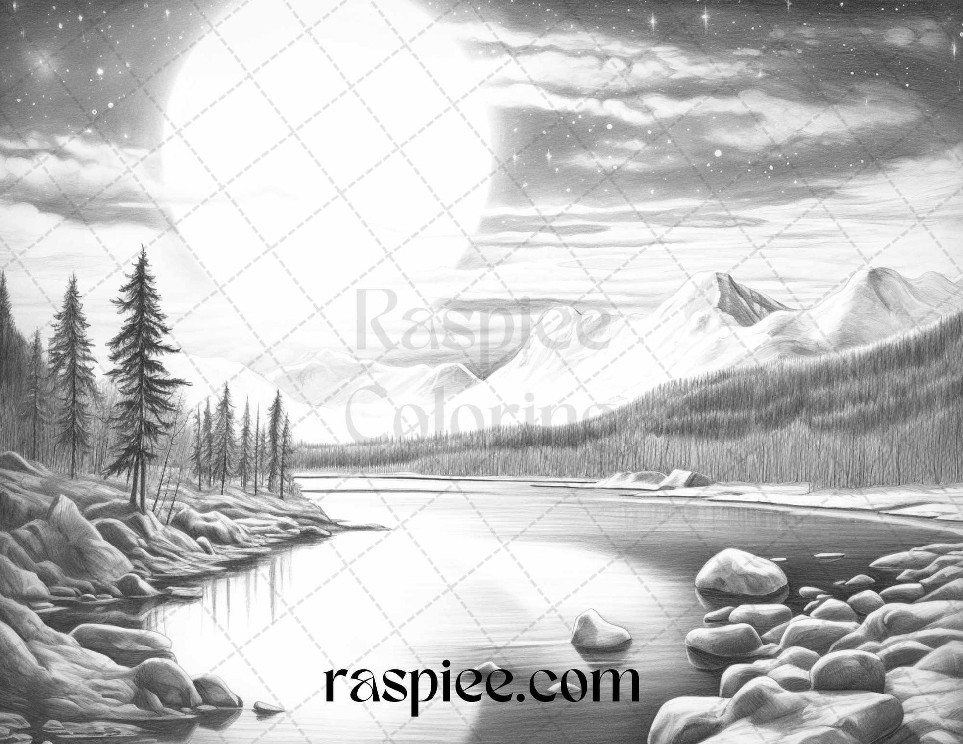 Aurora Borealis Landscape Grayscale Coloring Pages for Adults, Printable PDF File Instant Download