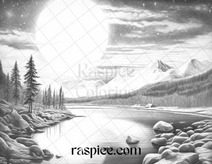 Aurora Borealis Landscape Grayscale Coloring Pages for Adults, Printable PDF File Instant Download