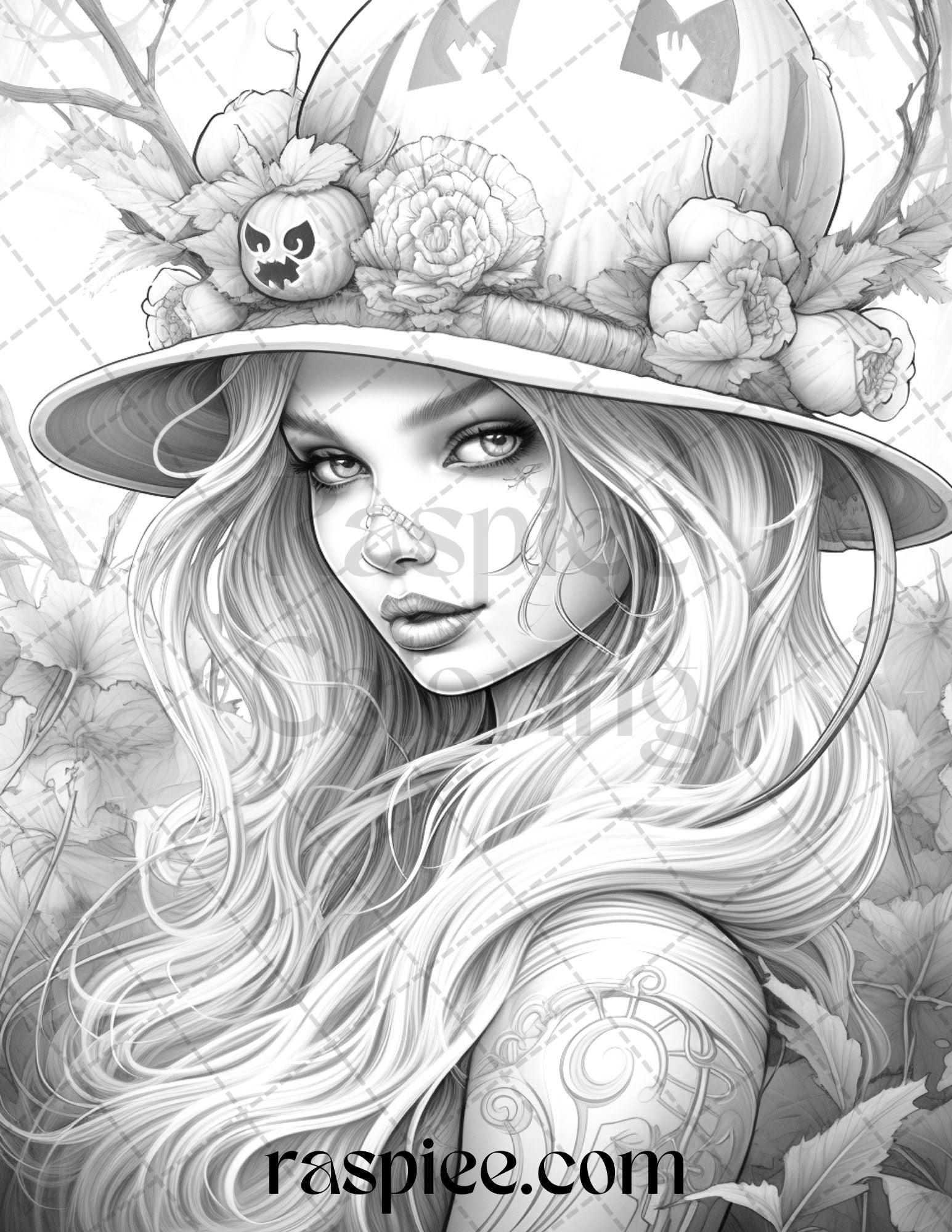 55 Halloween Girls Grayscale Coloring Pages Printable for Adults, PDF File Instant Download