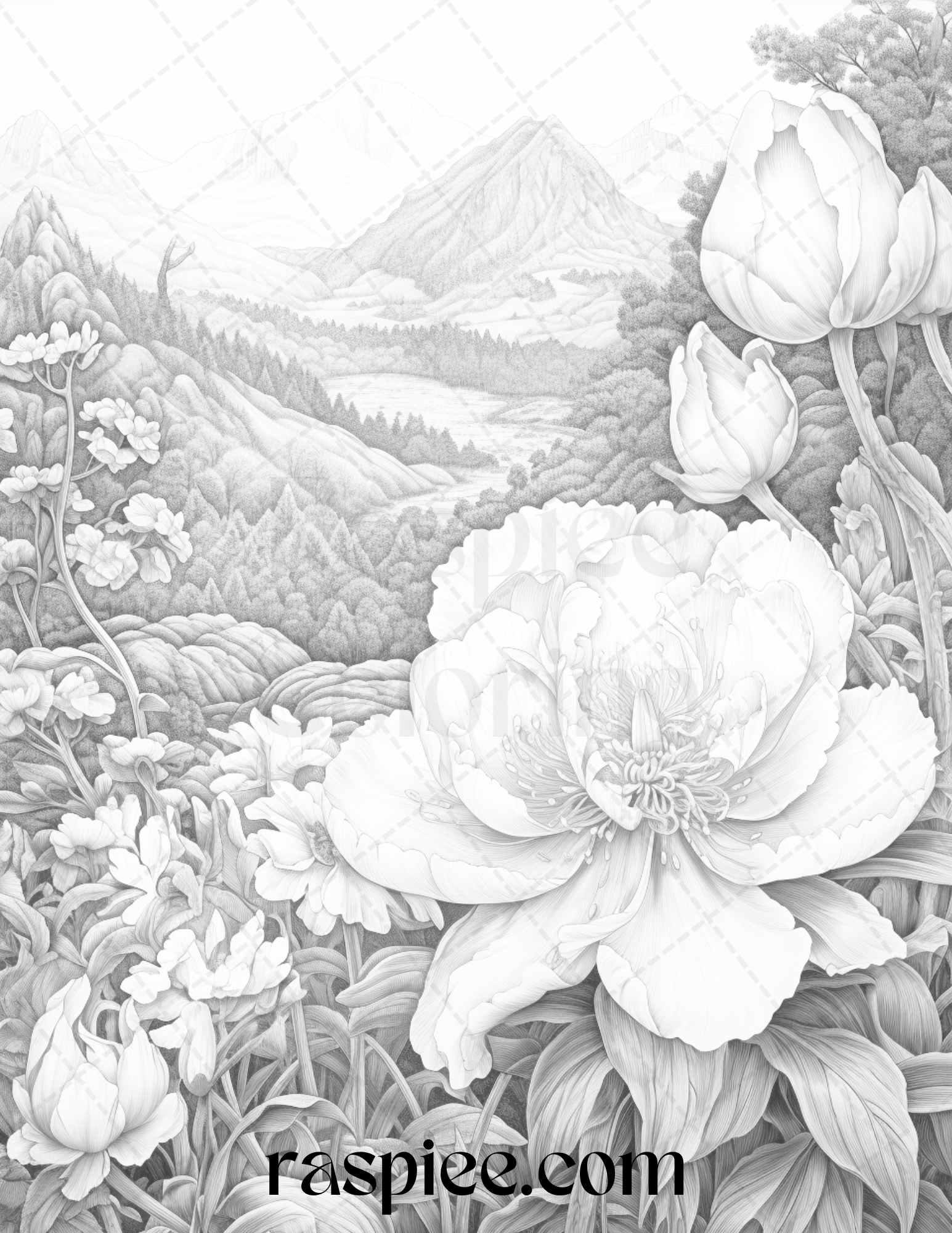 60 Mountain Flower Landscapes Grayscale Coloring Pages Printable for Adults, PDF File Instant Download