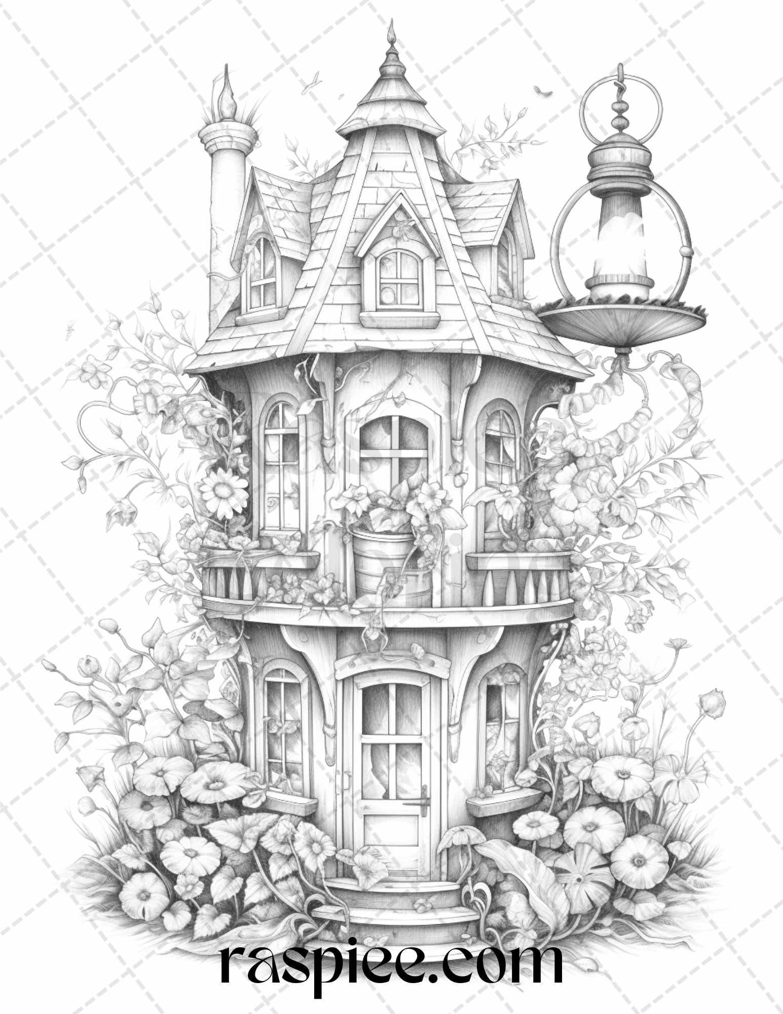 50 Lantern Fairy Houses Grayscale Coloring Pages Printable for Adults, PDF File Instant Download