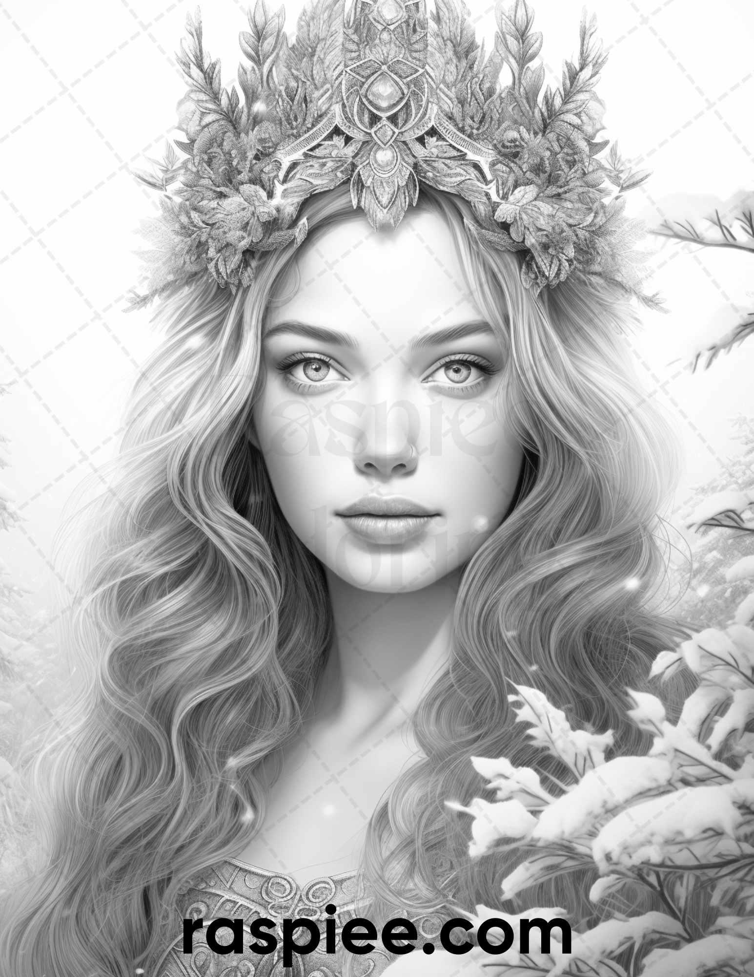 50 Winter Queens Portrait Grayscale Coloring Pages Printable for Adults, PDF File Instant Download