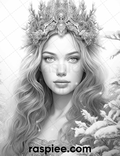 50 Winter Queens Portrait Grayscale Coloring Pages Printable for Adults, PDF File Instant Download