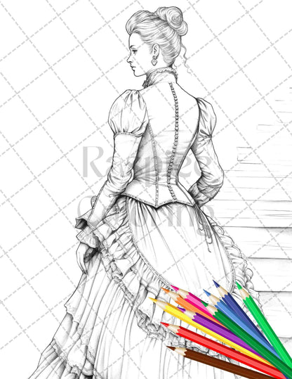 50 Victorian Fashion Grayscale Coloring Pages Printable for Adults, PDF File Instant Download