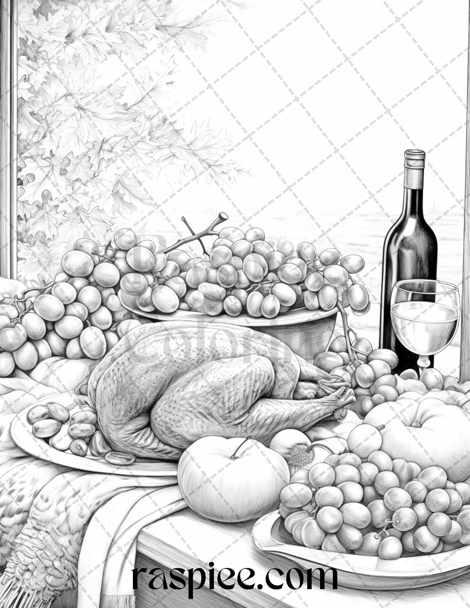 Thanksgiving Dinner Grayscale Coloring Pages for Adults, Relaxing Fall Coloring Sheets, Printable PDF File Instant Download