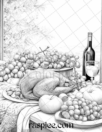 Thanksgiving Dinner Grayscale Coloring Pages for Adults, Relaxing Fall Coloring Sheets, Printable PDF File Instant Download