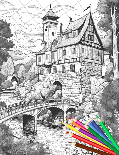 122 Fantasy Castles Coloring Book for Adults, Grayscale Coloring Page, Printable PDF Instant Download
