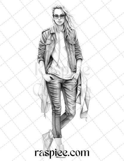 50 Streetwear Fashion Grayscale Coloring Pages Printable for Adults, PDF File Instant Download