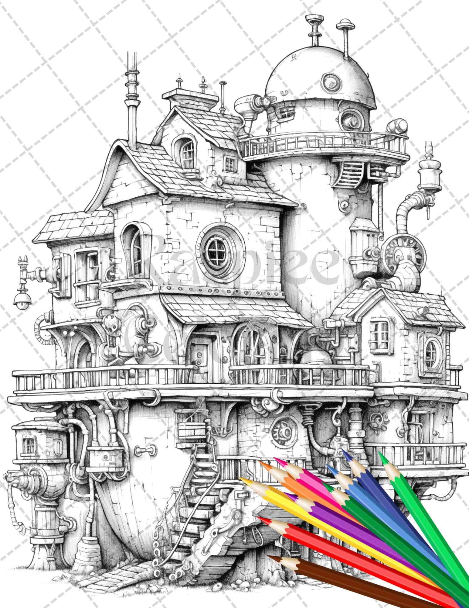 50 Steampunk Houses Grayscale Coloring Pages Printable for Adults, PDF File Instant Download