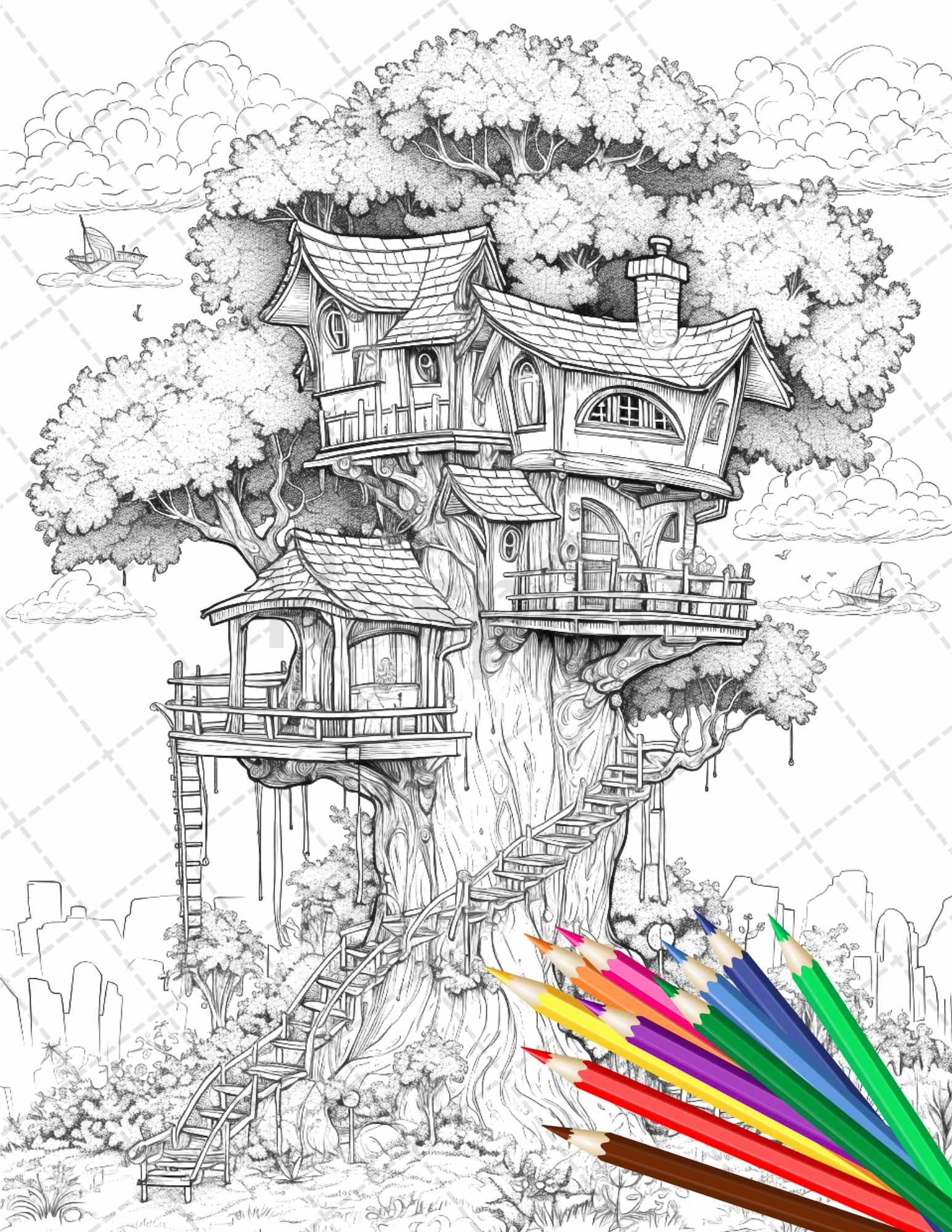 110 Enchanted Treehouse Coloring Book Printable for Adults, Grayscale Coloring Page, PDF File Instant Download