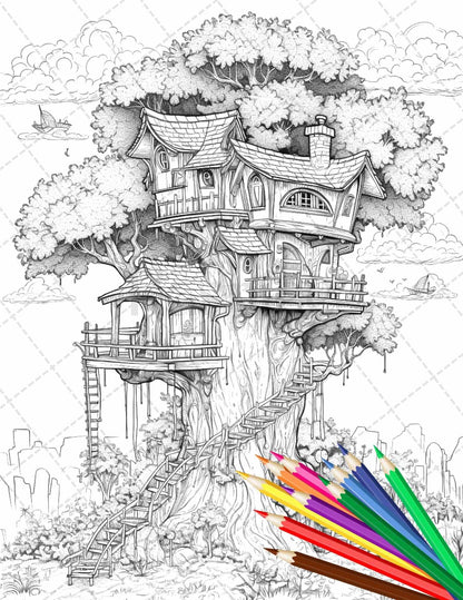 110 Enchanted Treehouse Coloring Book Printable for Adults, Grayscale Coloring Page, PDF File Instant Download