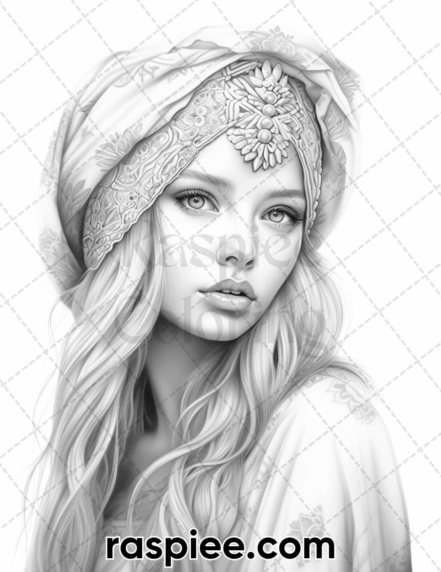 60 Bohemian Beauties Grayscale Coloring Pages for Adults, Printable PDF Instant Download