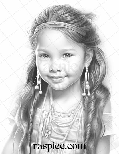 50 Native American Little Girls Boys Grayscale Coloring Pages Printable for Adults Kids, PDF File Instant Download