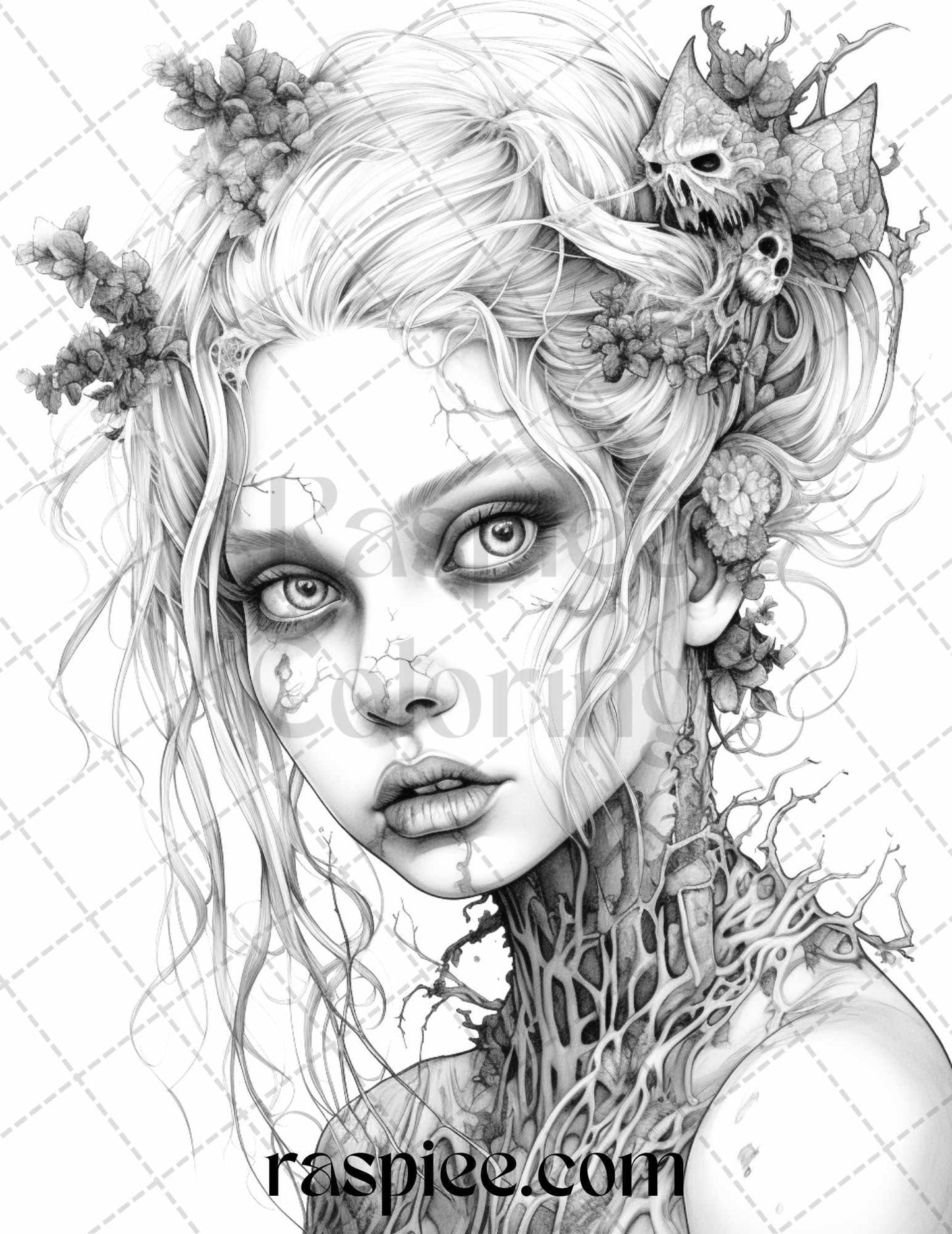 60 Halloween Zombie Fairy Grayscale Coloring Pages Printable for Adults, PDF File Instant Download