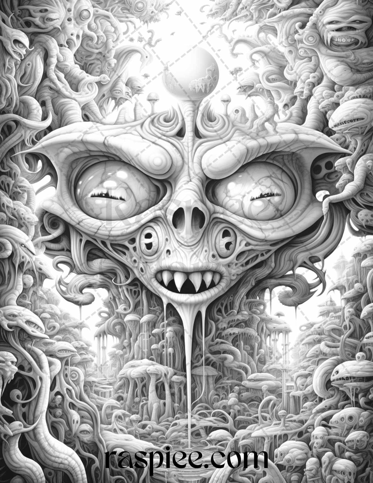 53 Surreal Creatures Grayscale Coloring Pages for Adults, Printable PDF File Instant Download