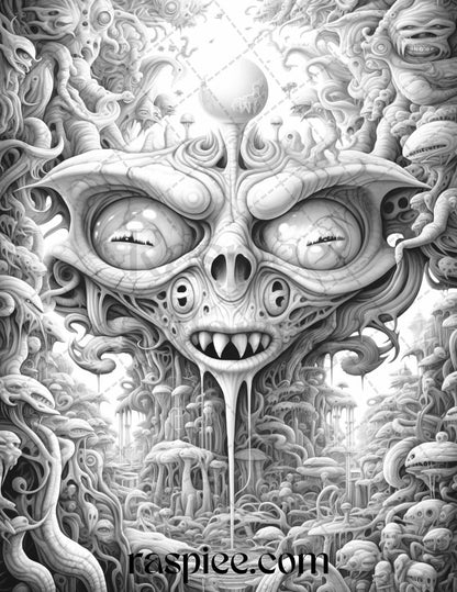 53 Surreal Creatures Grayscale Coloring Pages for Adults, Printable PDF File Instant Download