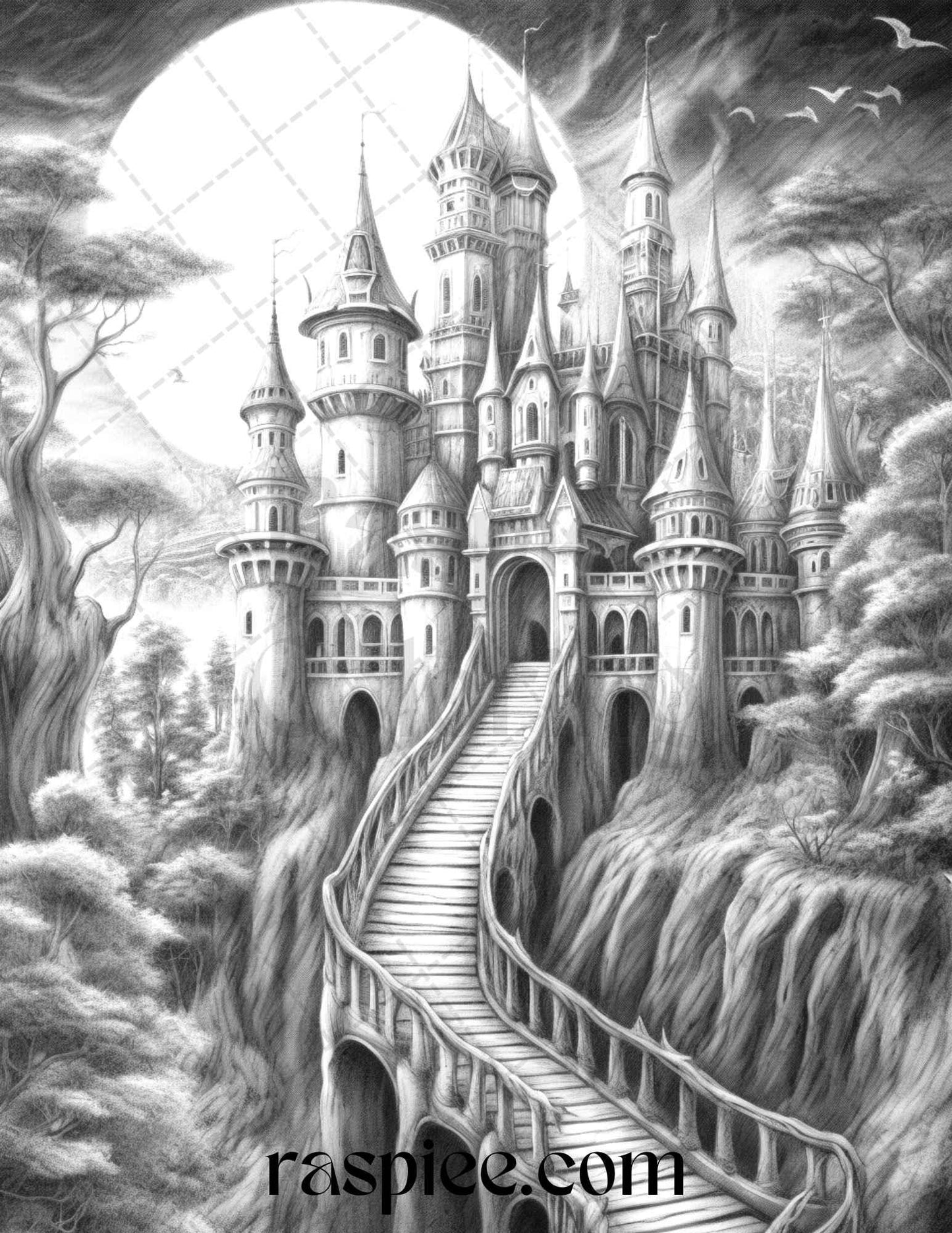 50 Haunted Castles Grayscale Coloring Pages Printable, Halloween Coloring Book, PDF File Instant Download