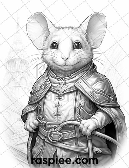 50 Enchanting Fairytale Mice Grayscale Coloring Pages Printable for Adults, PDF File Instant Download