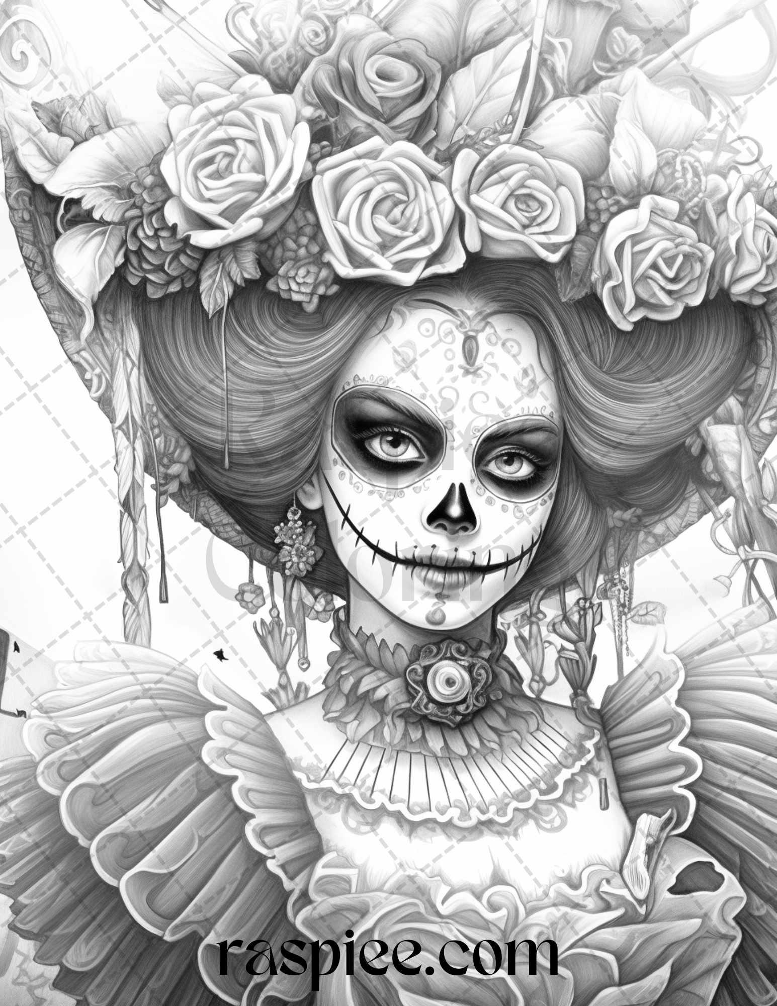 50 Day of the Dead Grayscale Coloring Pages Printable for Adults, PDF File Instant Download