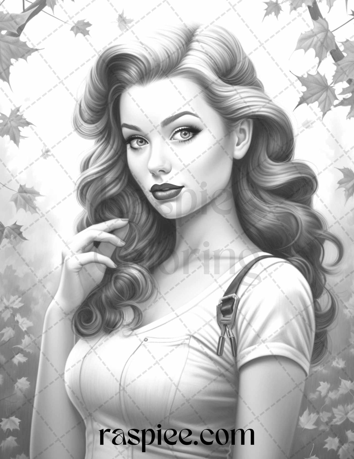 55 Autumn Pin Up Girls Grayscale Coloring Pages Printable for Adults, PDF File Instant Download