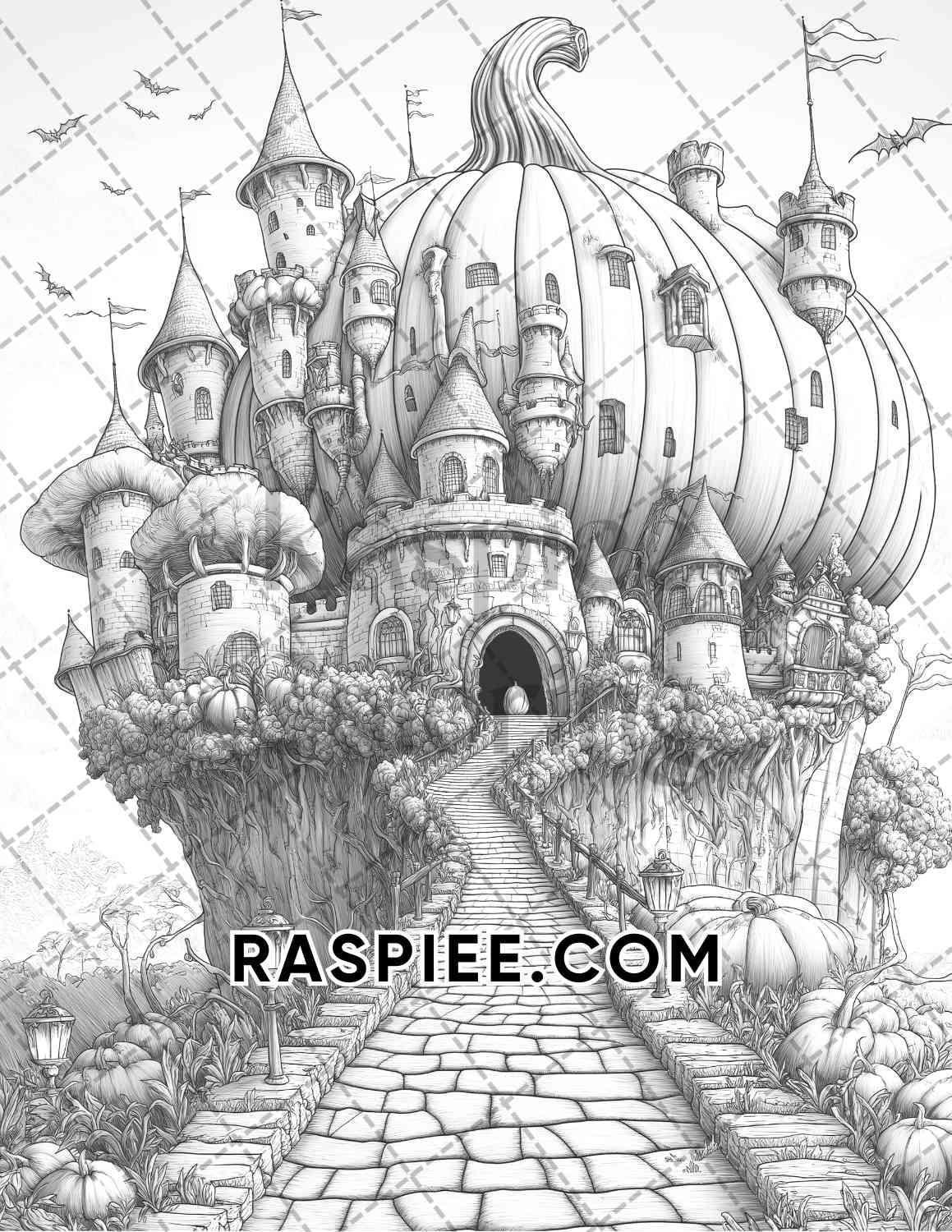 Fantasy Giant Pumpkin Castles Adult Coloring Pages Printable PDF Instant Download