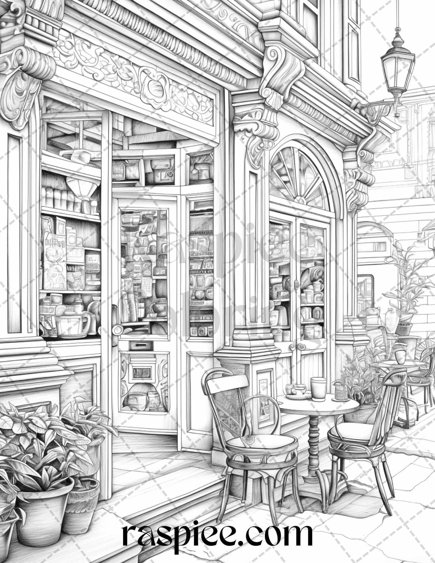 50 Cozy Coffee Shop Grayscale Coloring Pages Printable for Adults, PDF File Instant Download