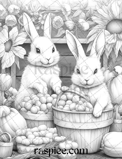 50 Rabbit Garden Grayscale Coloring Pages Printable for Adults, PDF File Instant Download