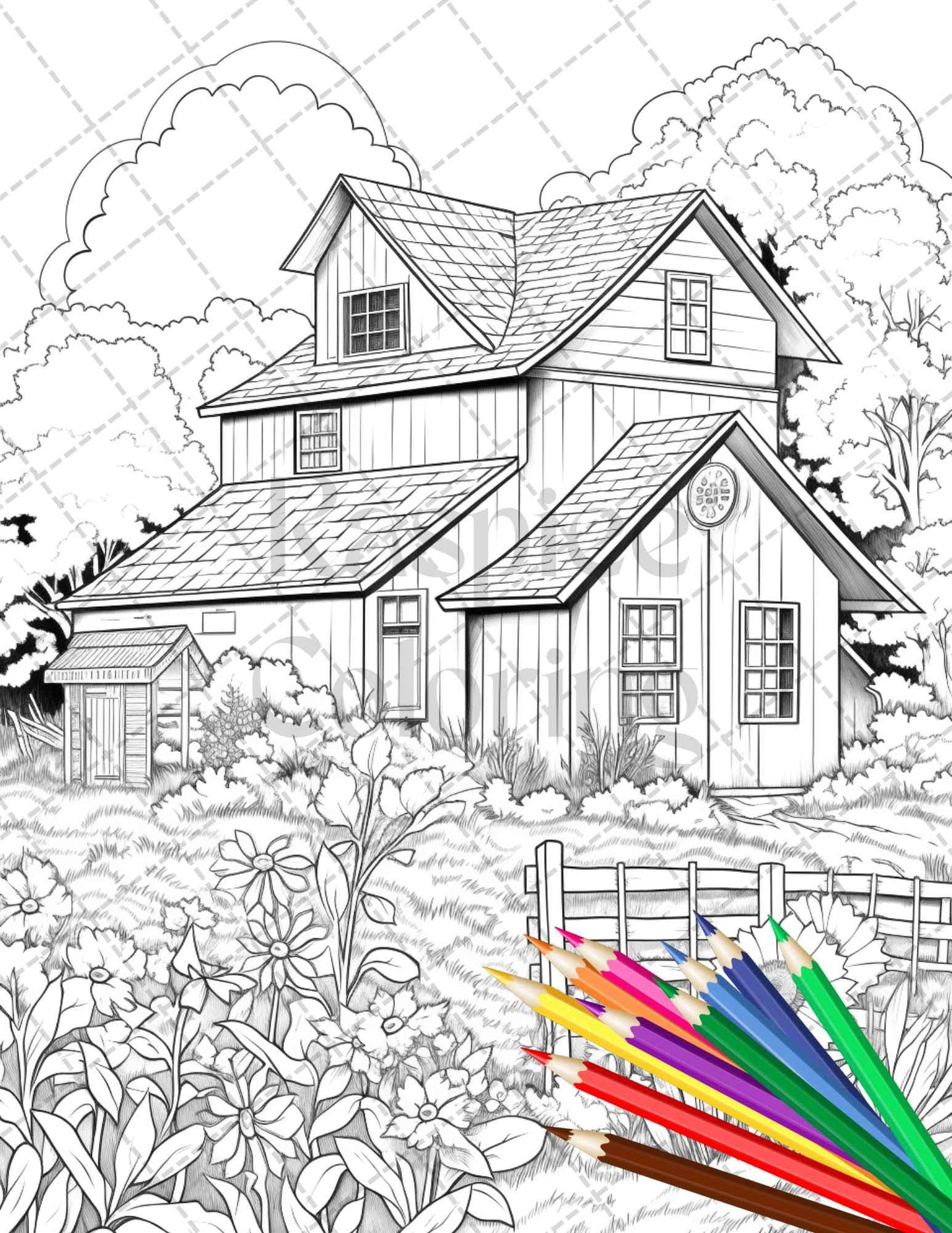 Charming Farmhouse Scenery Grayscale Coloring Pages Printable for Adults, PDF File Instant Download