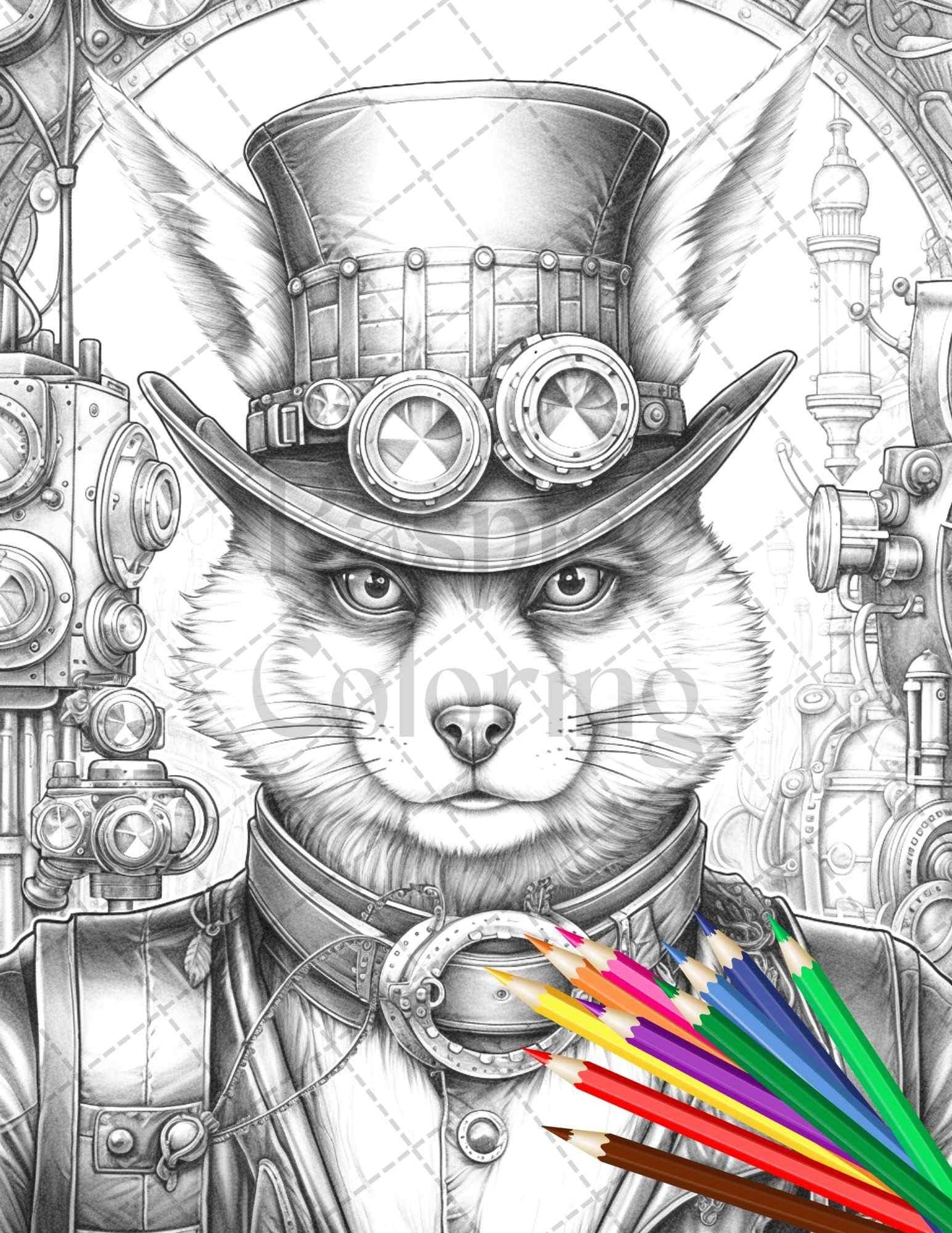 60 Steampunk Animals Grayscale Coloring Pages Printable for Adults, PDF File Instant Download