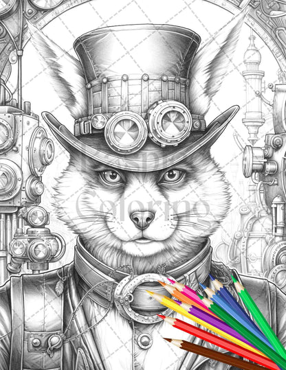 60 Steampunk Animals Grayscale Coloring Pages Printable for Adults, PDF File Instant Download