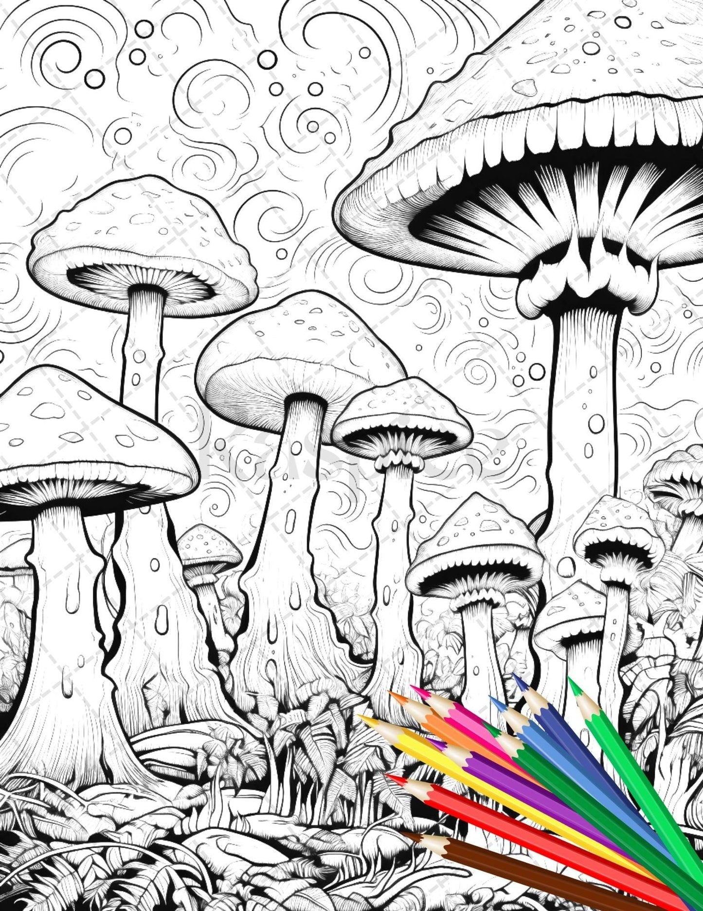 Psychedelic Mushroom Forest Coloring Book Printable for Adults, Trippy Grayscale Coloring Page, PDF File Instant Download