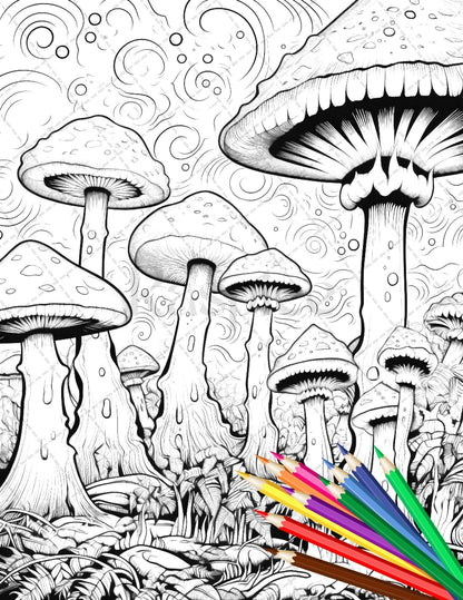 Psychedelic Mushroom Forest Coloring Book Printable for Adults, Trippy Grayscale Coloring Page, PDF File Instant Download